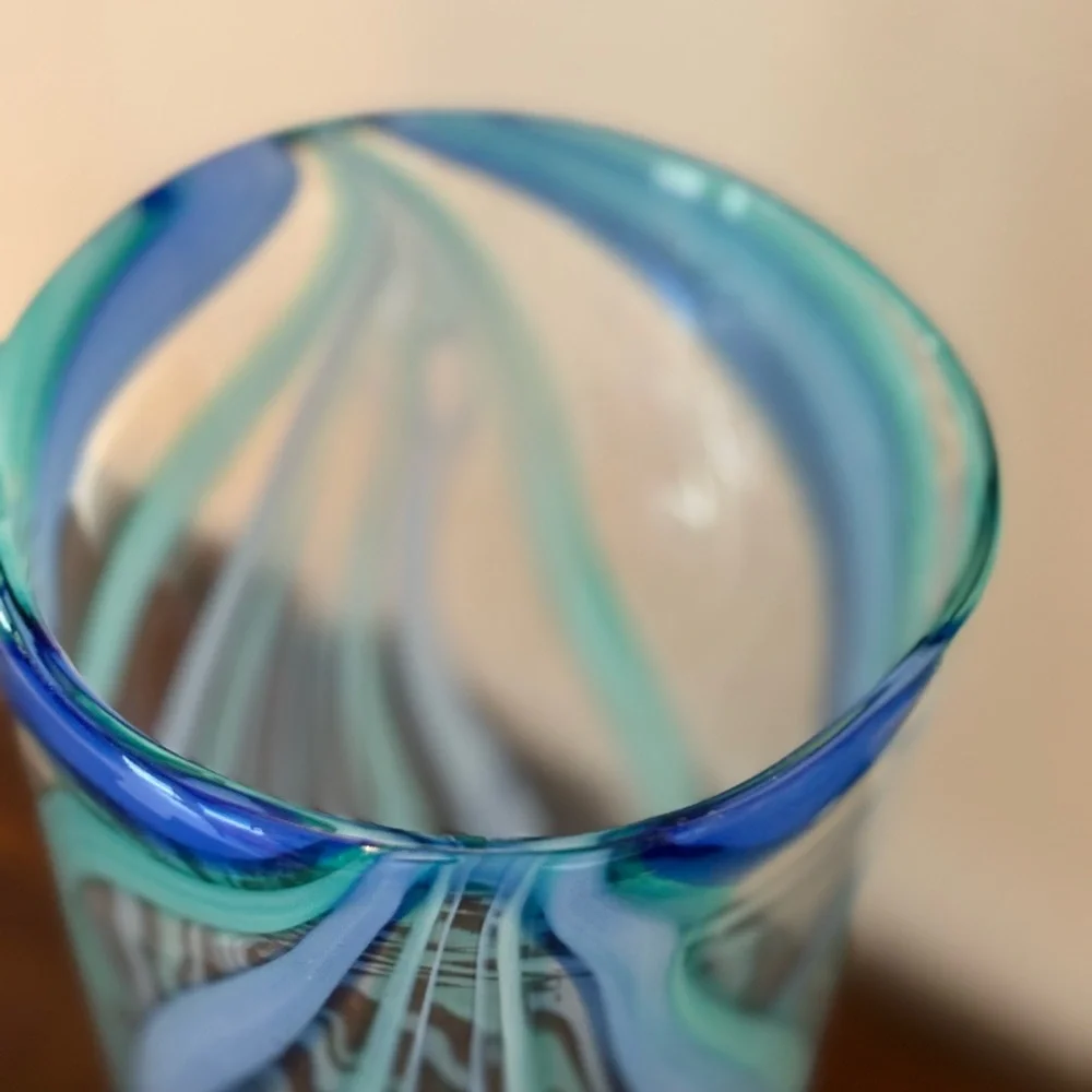 Vintage hand blown Blue and Green Swirl Glass Vase